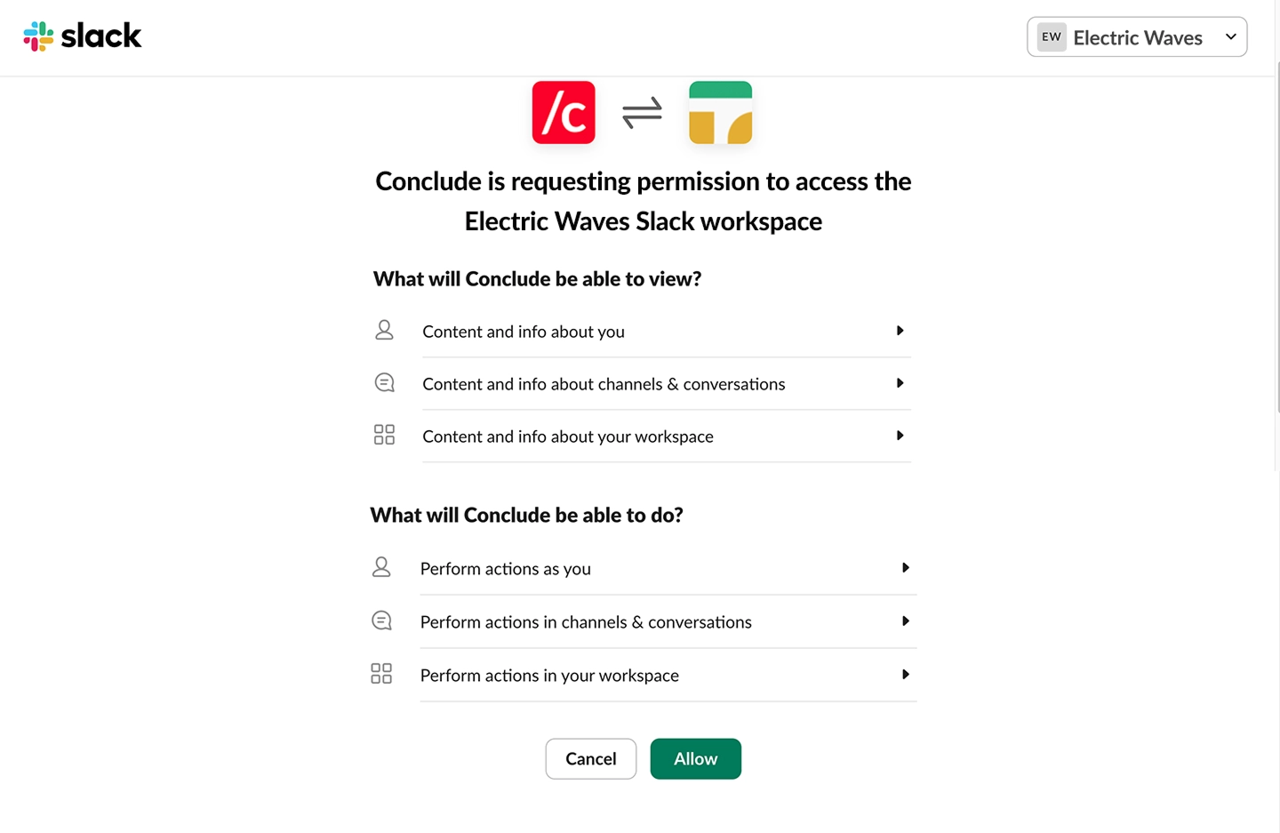 authenticate slack conclude