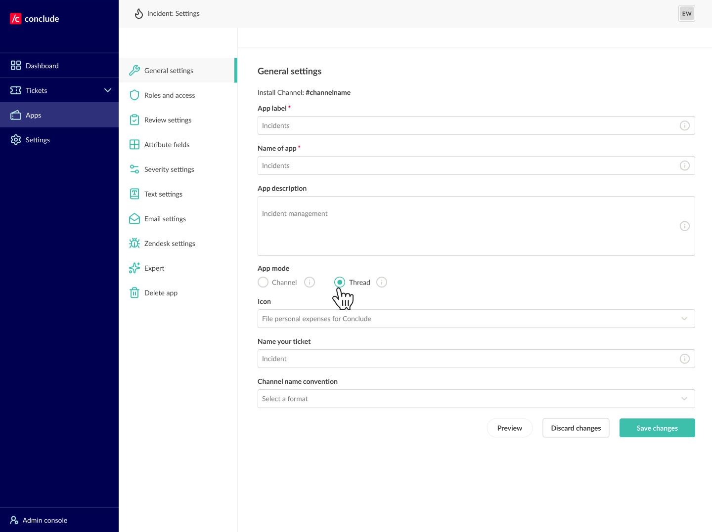 app mode channel or thread ticketing
