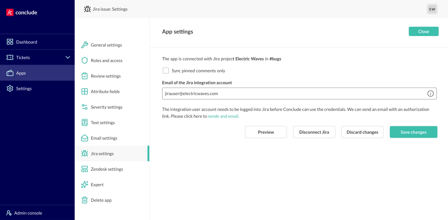 email of the jira integration account