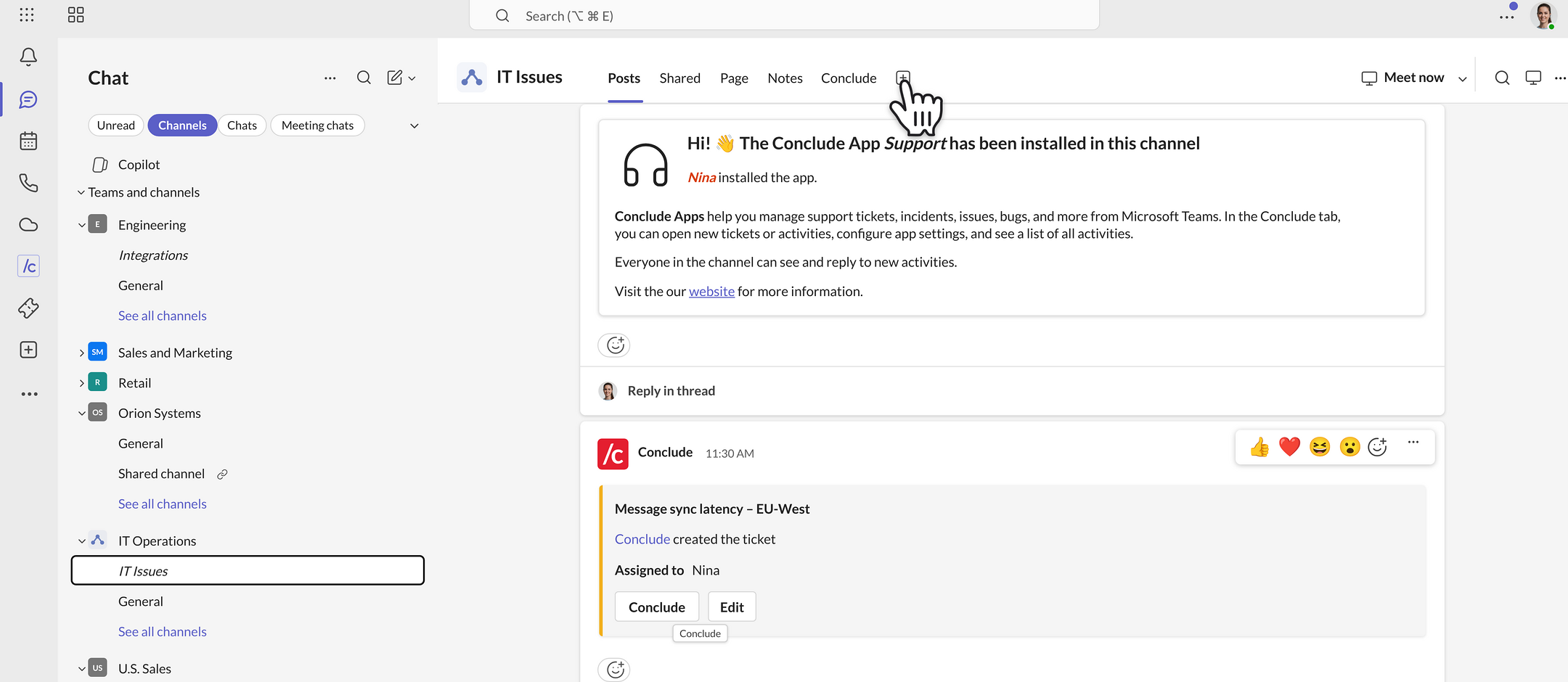 add the Conclude app as a tab in a channel