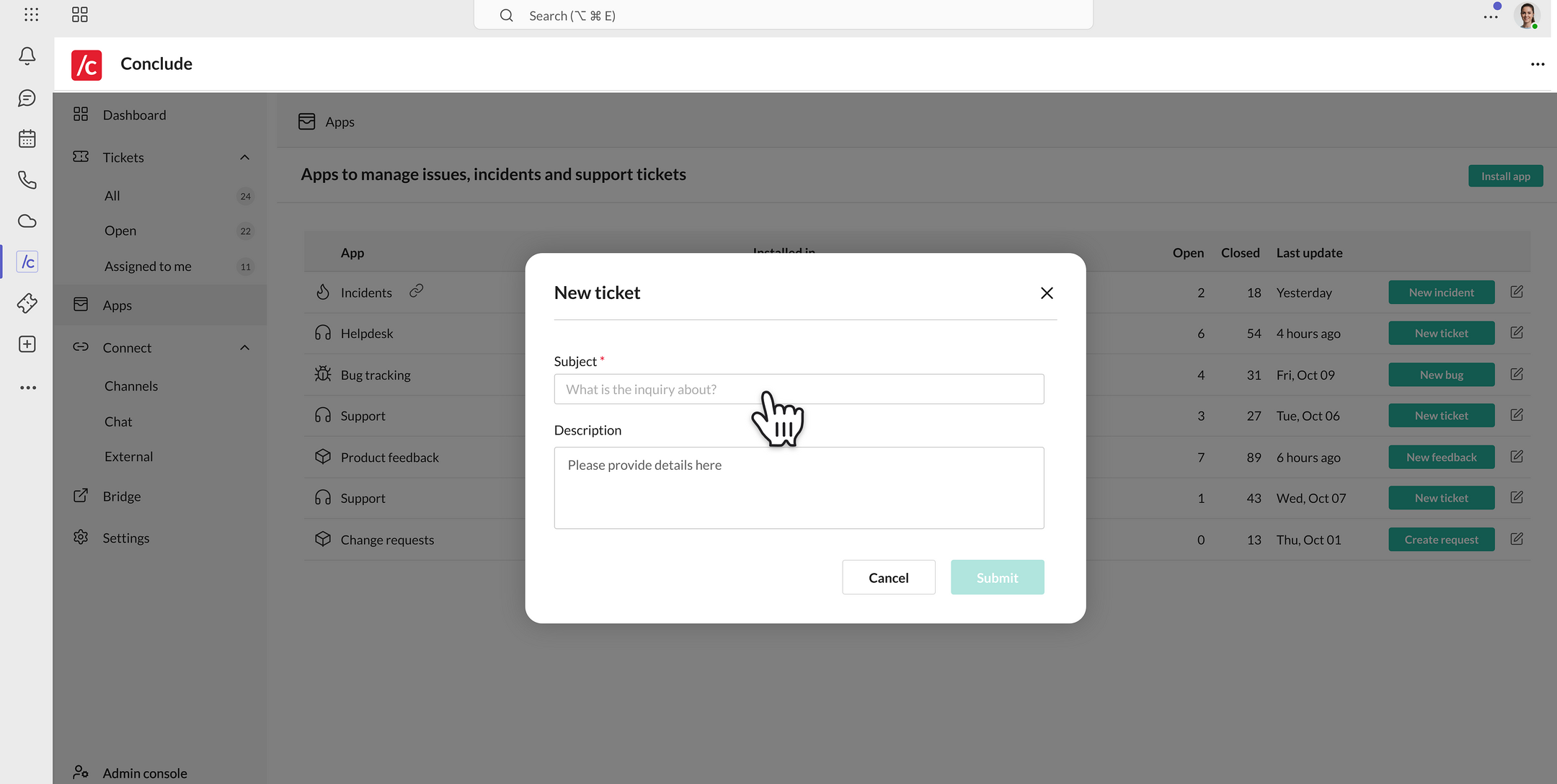 open a new ticket from the Conclude tab