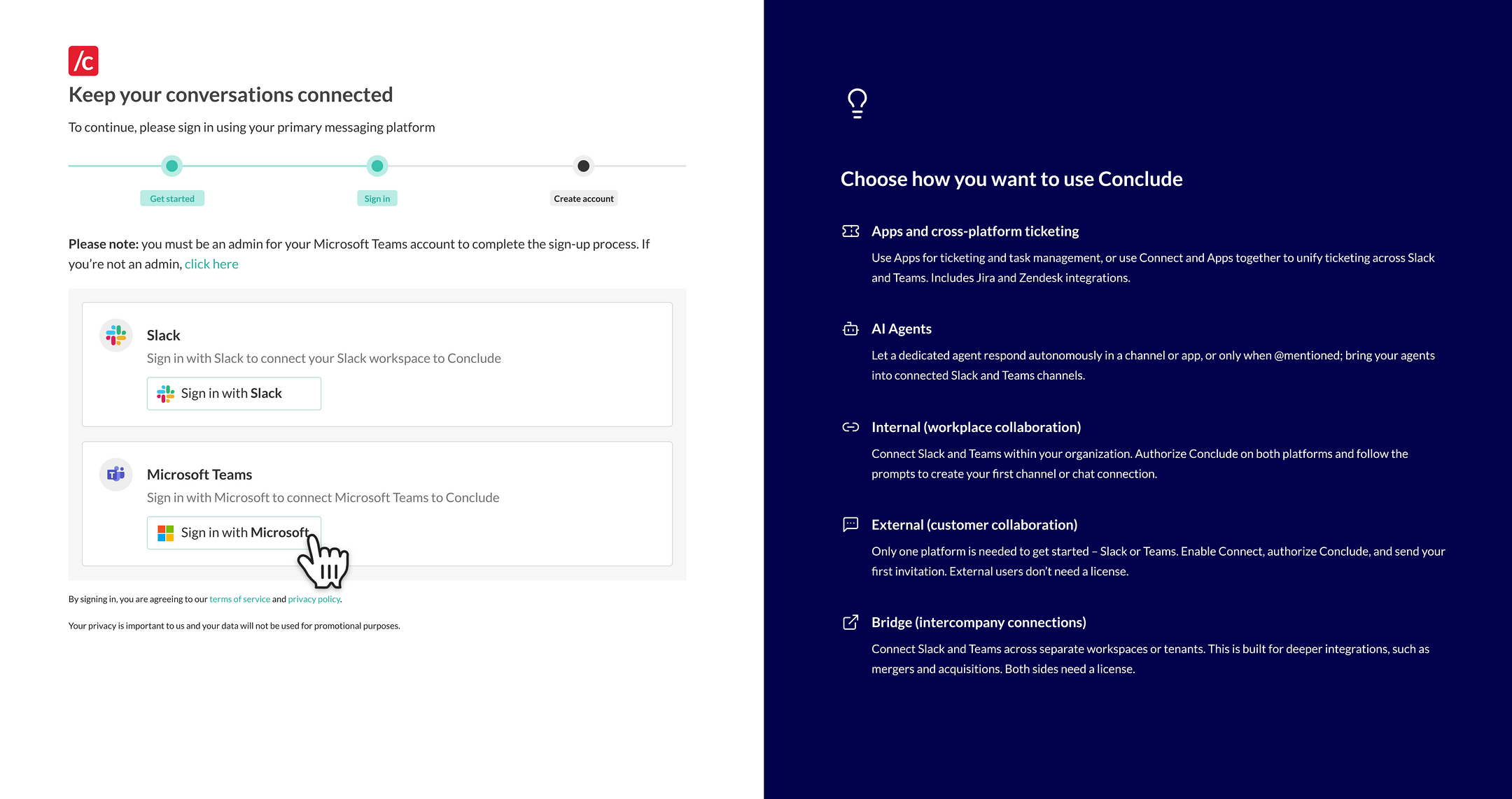 sign up for Conclude and choose Microsoft Teams as your messaging platform