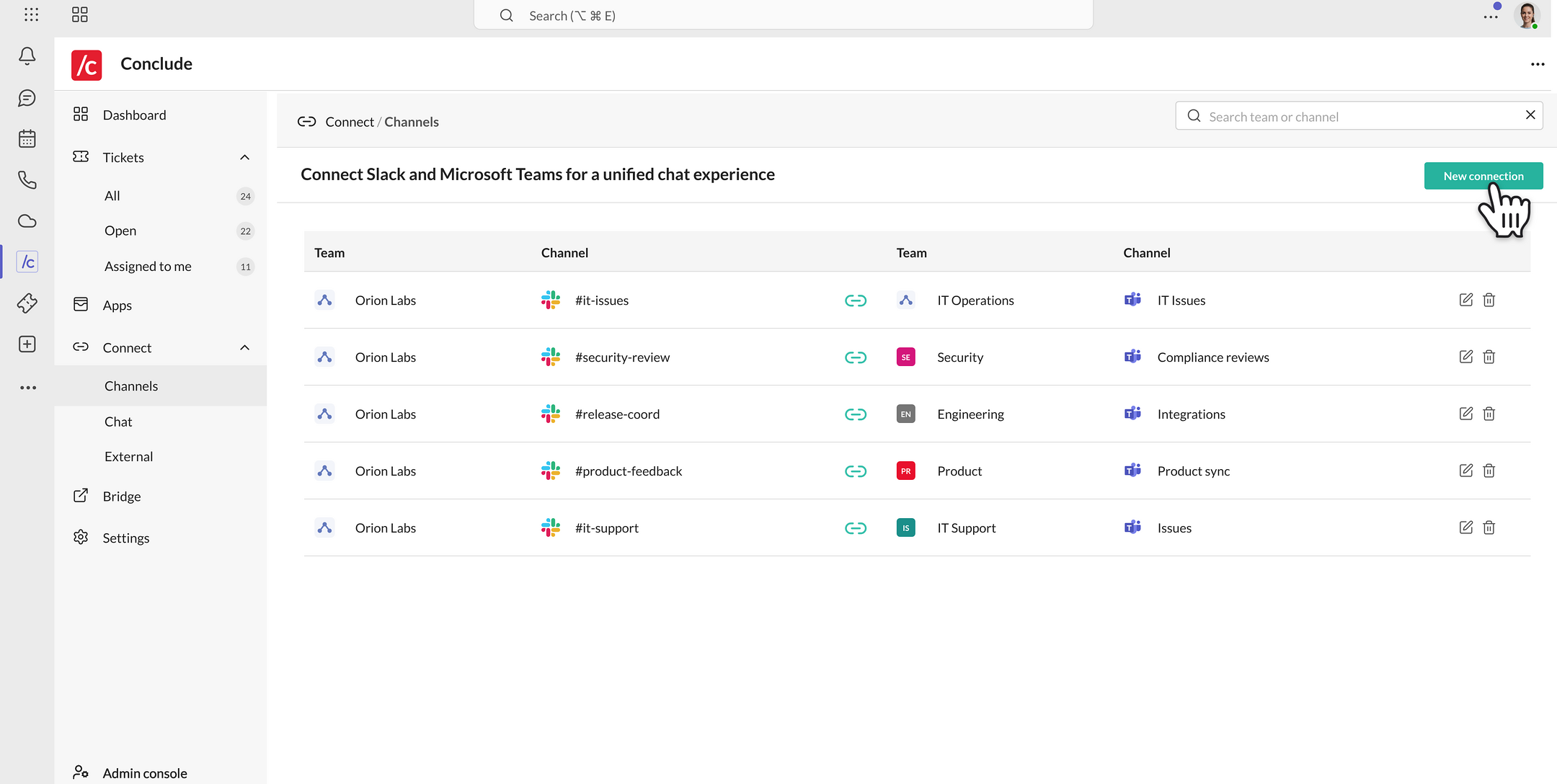 the Connect Channels page with the New connection button