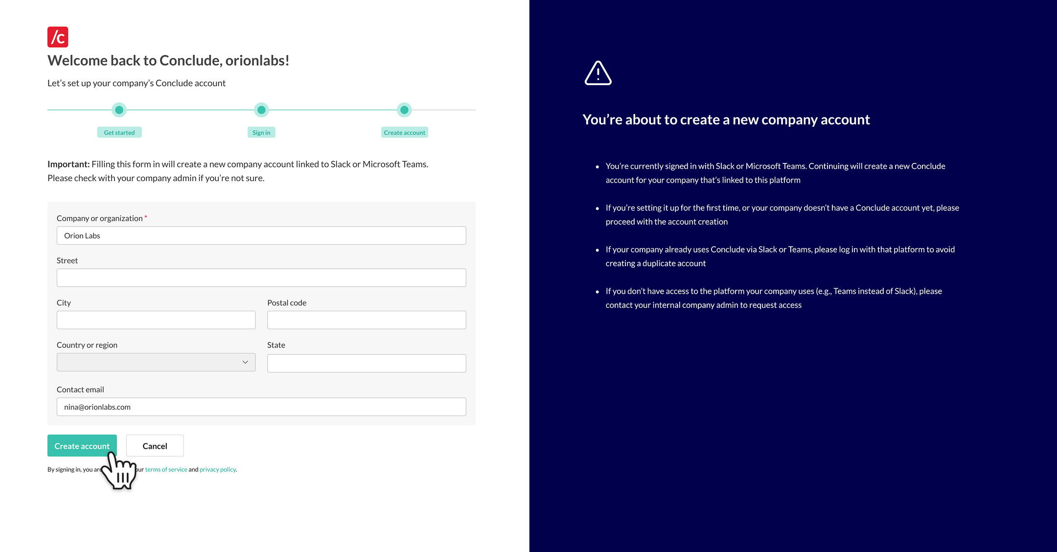create your Conclude account