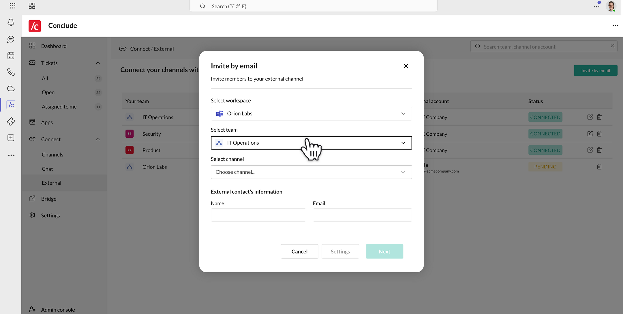 invite an external contact by email