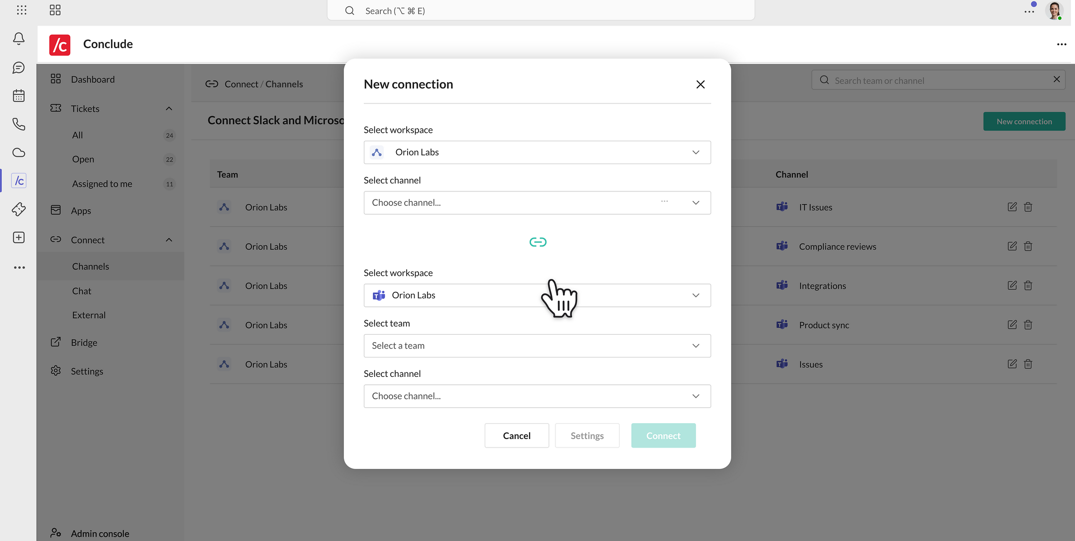 the new connection dialog for linking Slack and Teams channels