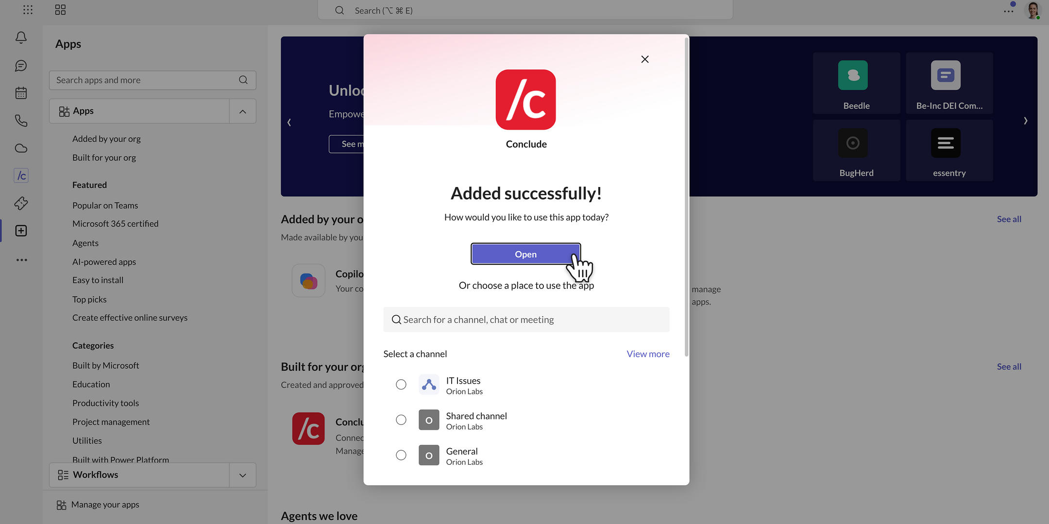 add Conclude to a team from the Open/Add menu