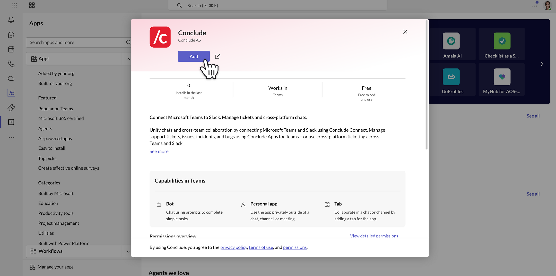 the Conclude app dialog in the Microsoft Teams store
