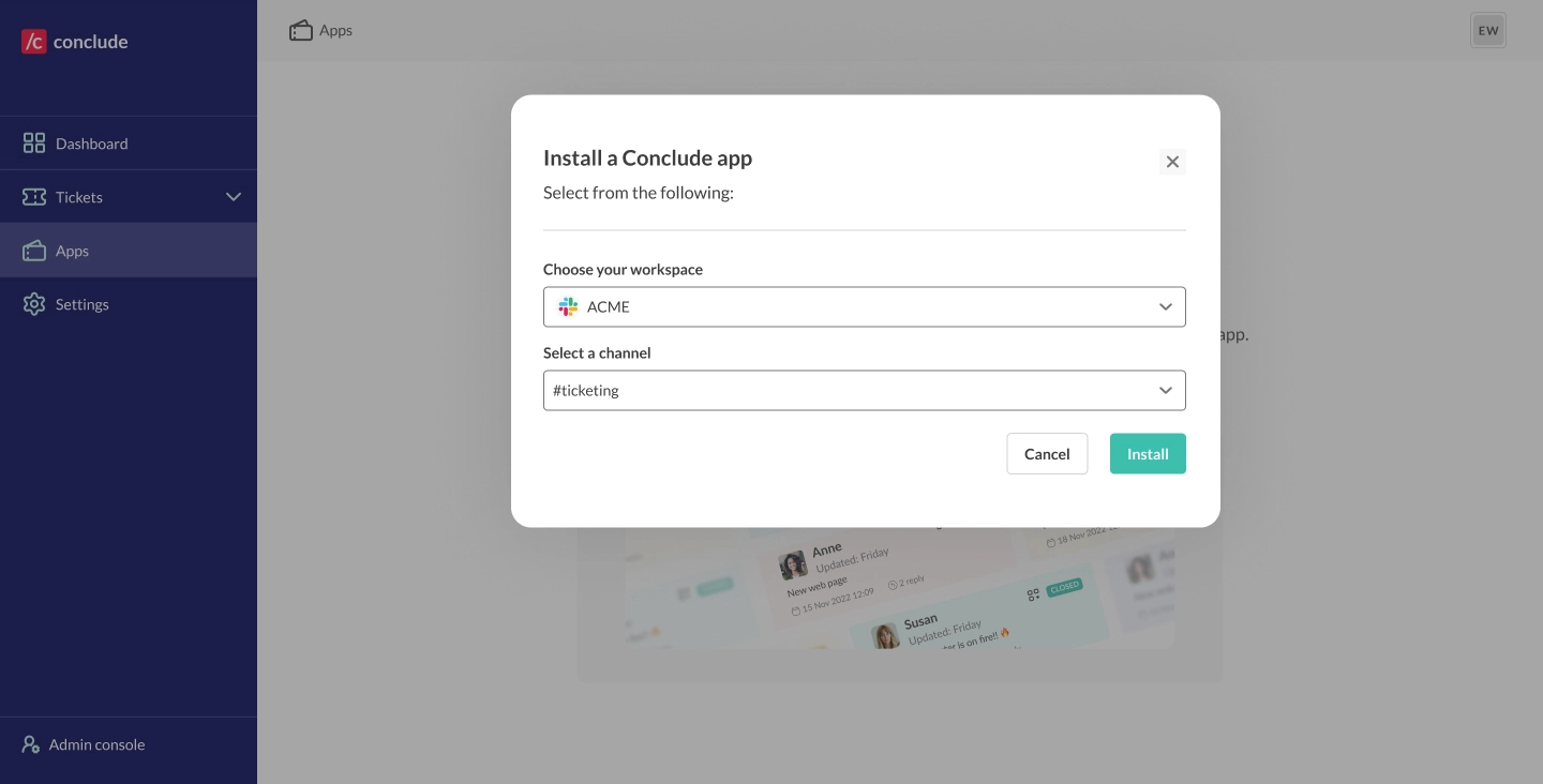 select the channel zendesk app