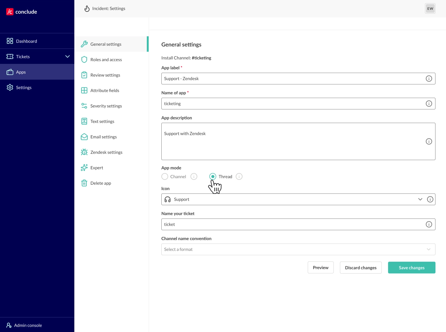 app mode channel or thread ticketing